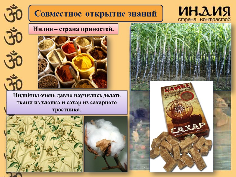 Совместное открытие знаний Индия – страна пряностей. Индийцы очень давно научились делать ткани из